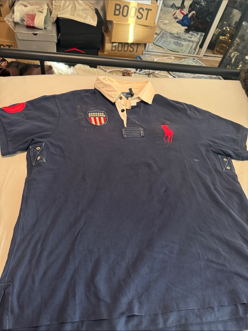 Polo by Ralph Lauren Navy Short-Sleeve Rugby with Cream Collar and Red Pony